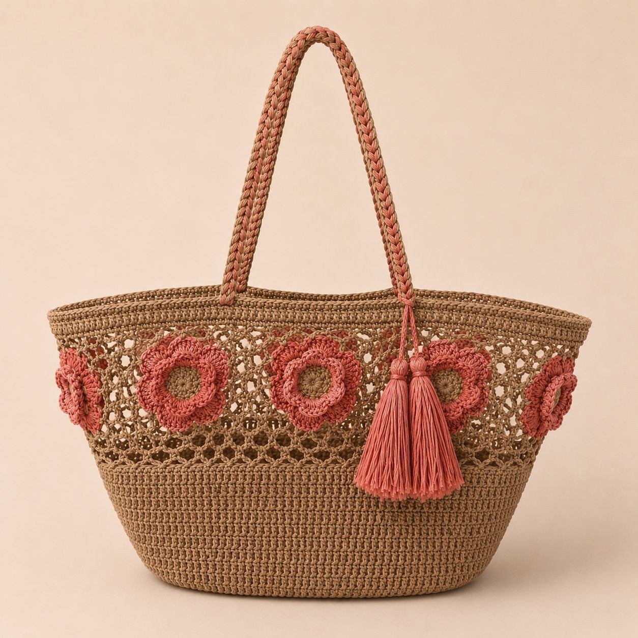 Handmade Crochet Beach Tote Bag Pink Floral Straw Shoulder Bag Boho Summer