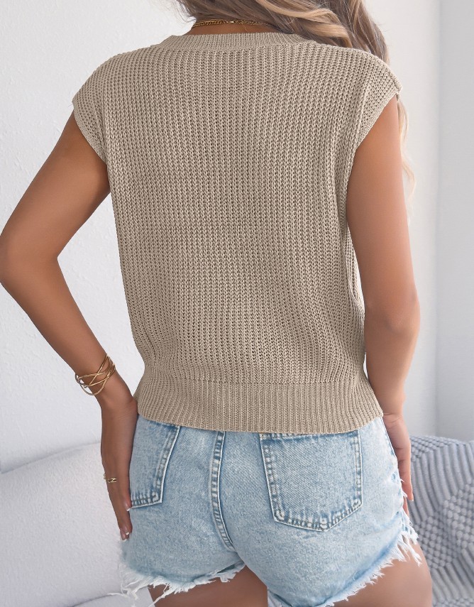 Casual Round Neck Batwing Sleeveless Cable Knit Cropped Sweater Top