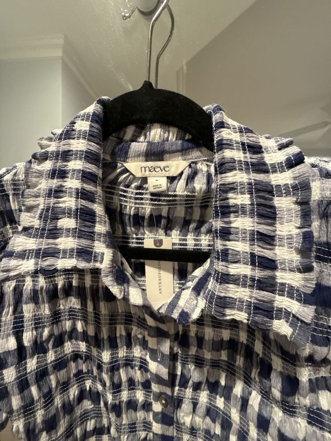 Maeve Blue Gingham Smocked Ruffle Button-Front Short Sleeve Top