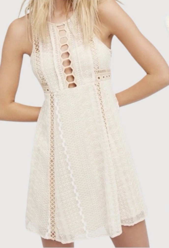 Free People Beige Lace Crochet Cut-Out A-Line Mini Dress Round Neck Button 4