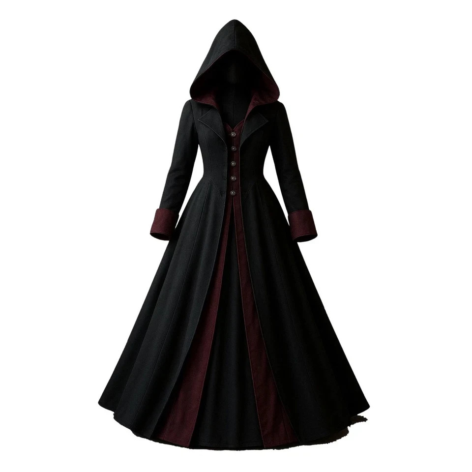 Women Gothic Wool Hooded Coat – Long Medieval Victorian Overcoat Unique Two-Tone