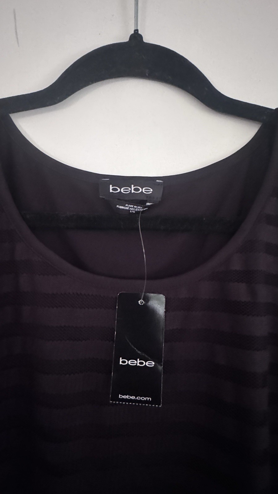 bebe Black Cropped Sheer Stripe Knit Round Neck Short Sleeve Top NWT L
