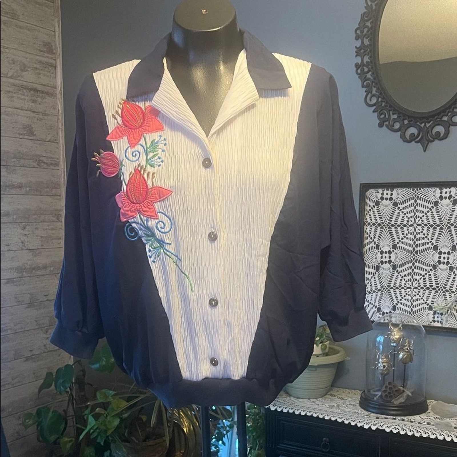 Floral Embroidered Women’s Blouse – Navy and White
