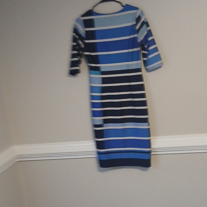 Alexa B Blue/Navy/White Striped Round Neck 3/4 Sleeve Sheath Dress 6