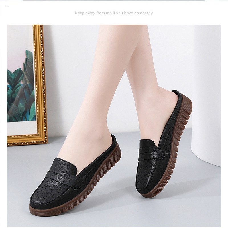 Mom Shoes Wear Beef Summer Hollowed Genuine Leather Box Slippers Women’s Outer