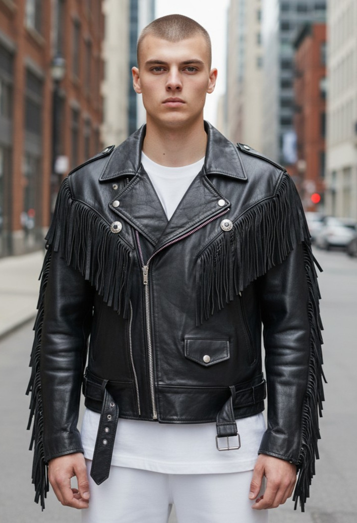 Men’s Real Cowhide Bikers Jacket With Fringes & Conchos Leather Bikers Jacket