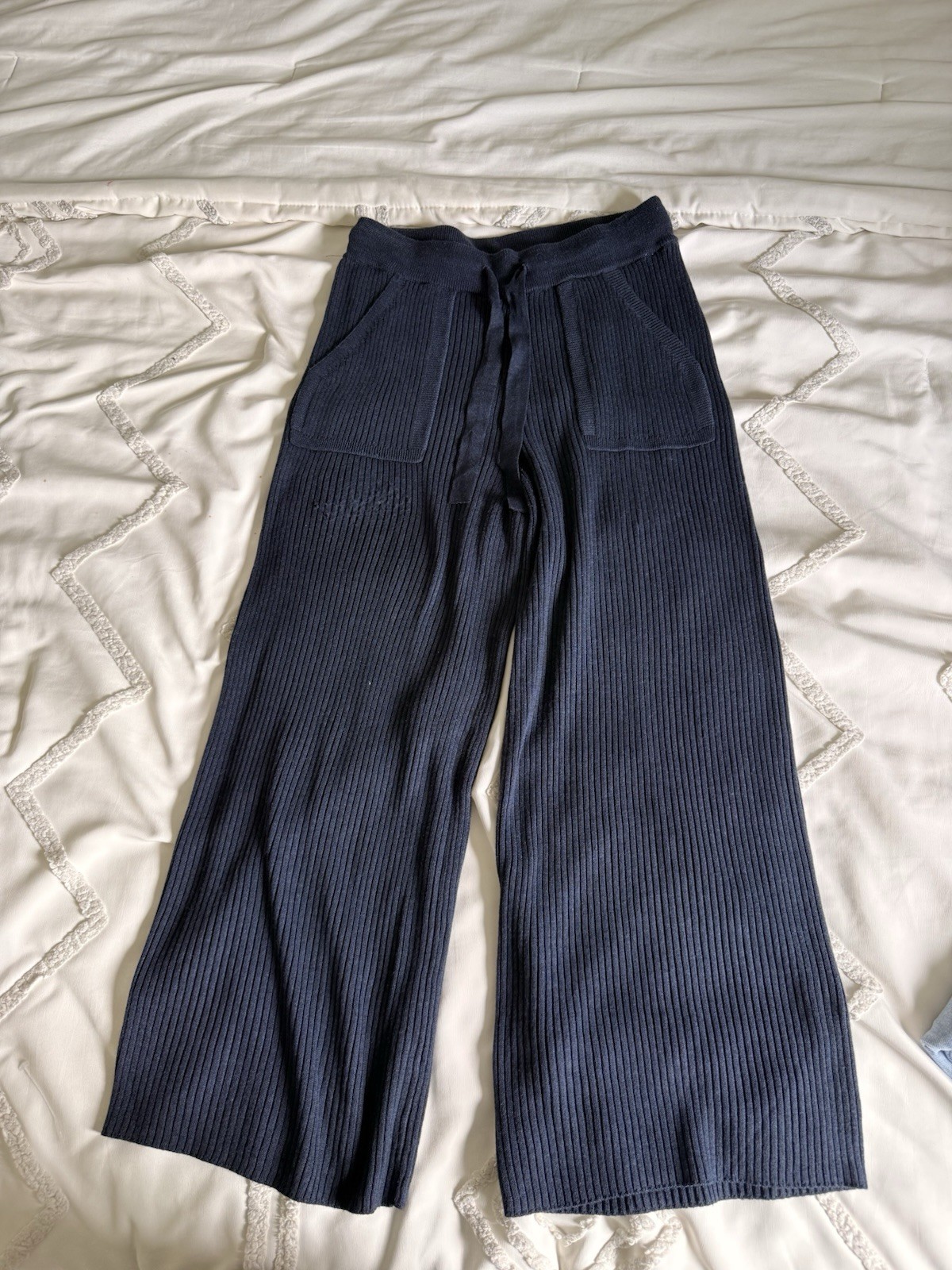 Splendid Women’s Black Ribbed Knit Wide-Leg Drawstring Elastic Waist Pants L