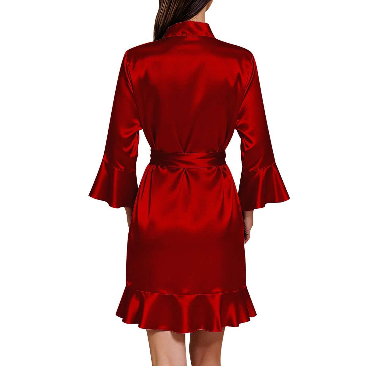 Womens Silk Ruffle Robe Short Satin Kimono Robe 3/4 Sleeve Bathrobe Bridesmaid
