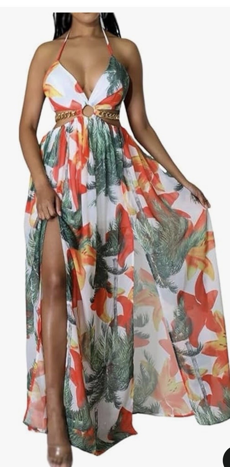 BeachCore tropical print halter maxi dress featuring gold chain cut-out details.