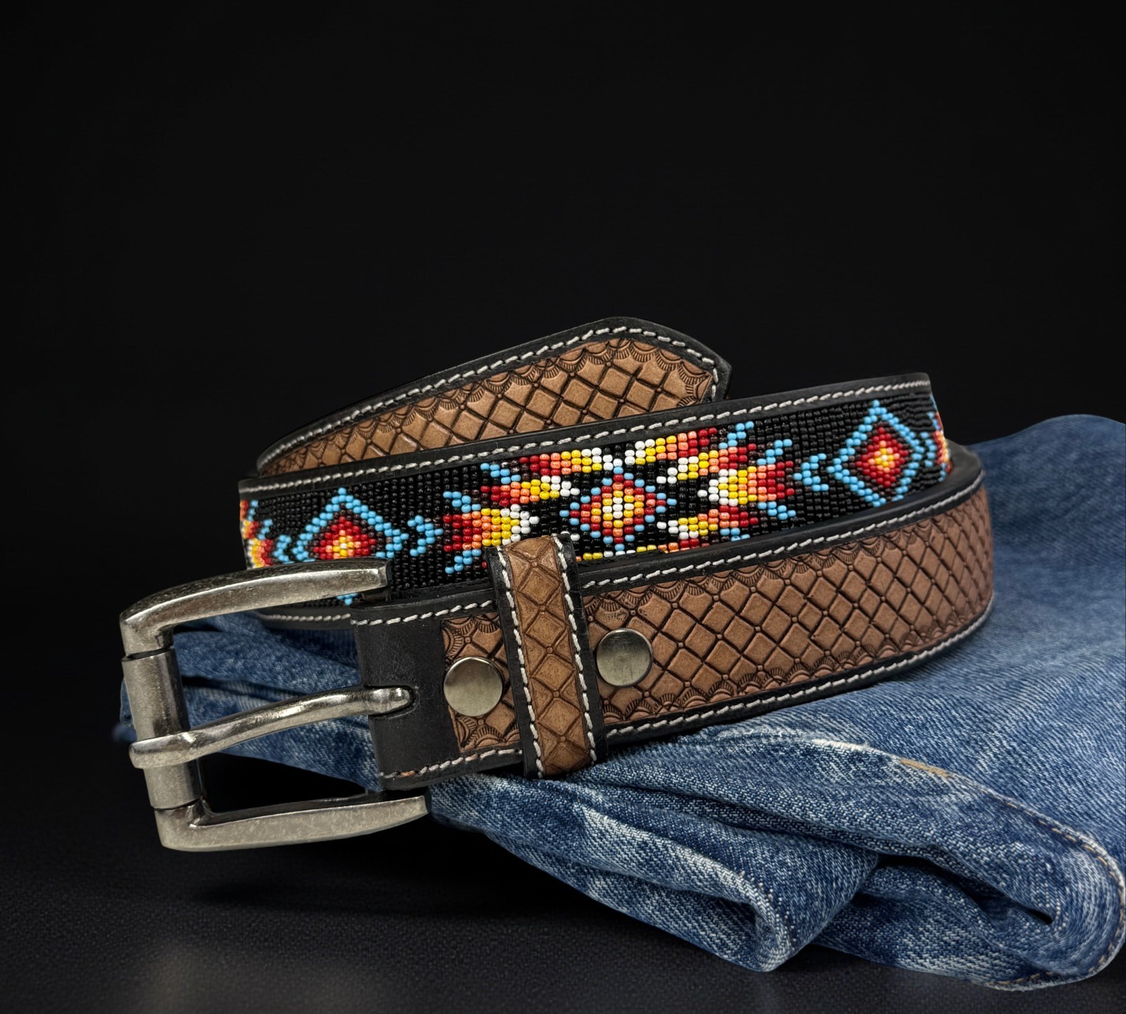 Full Grain Leather Hand Tooled Western Belt Cowboy Rodeo Beaded Removable Buckle