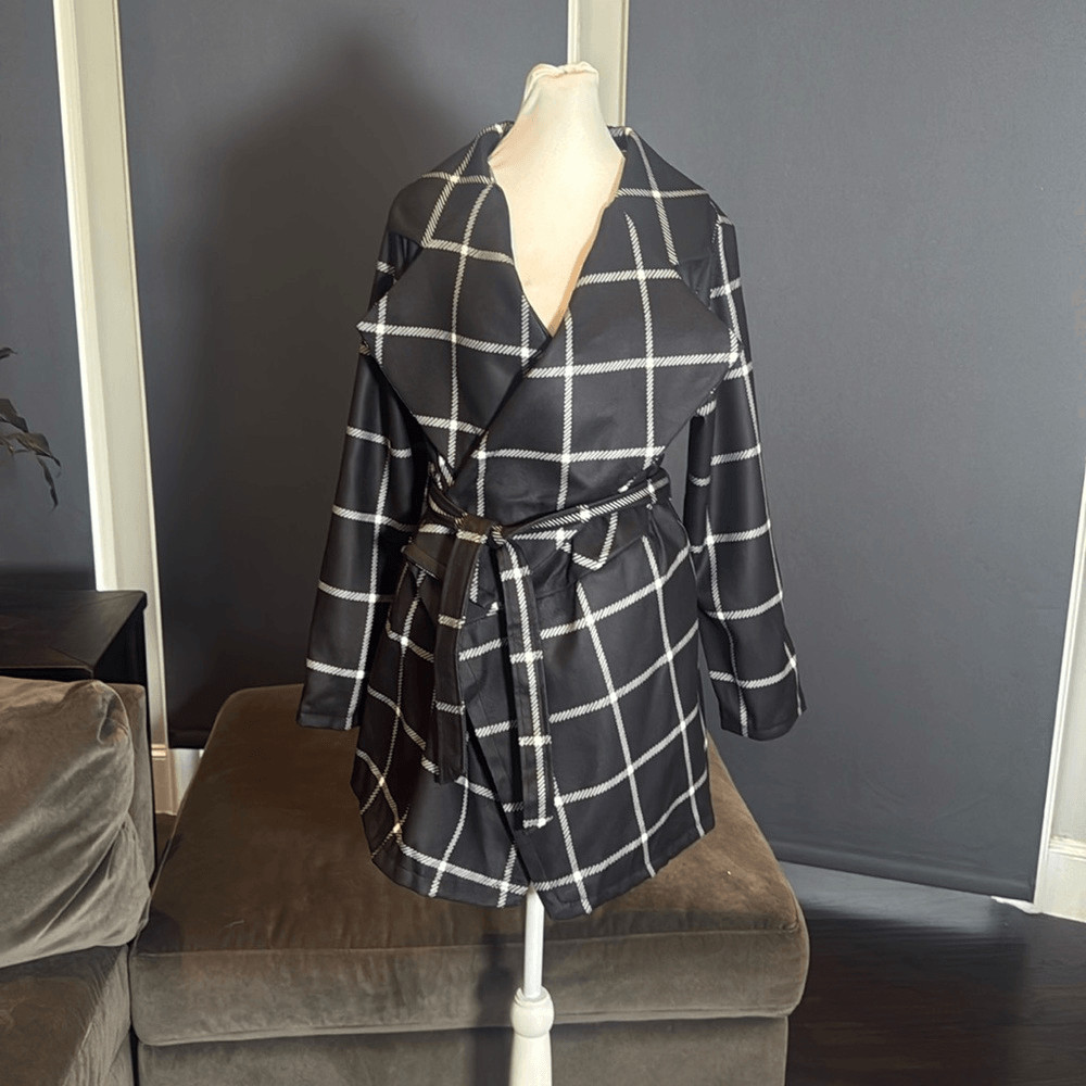 Women’s Turn Down Collar Wrap Trench Coat Grid Pattern Belted Size L *RUNS SMALL