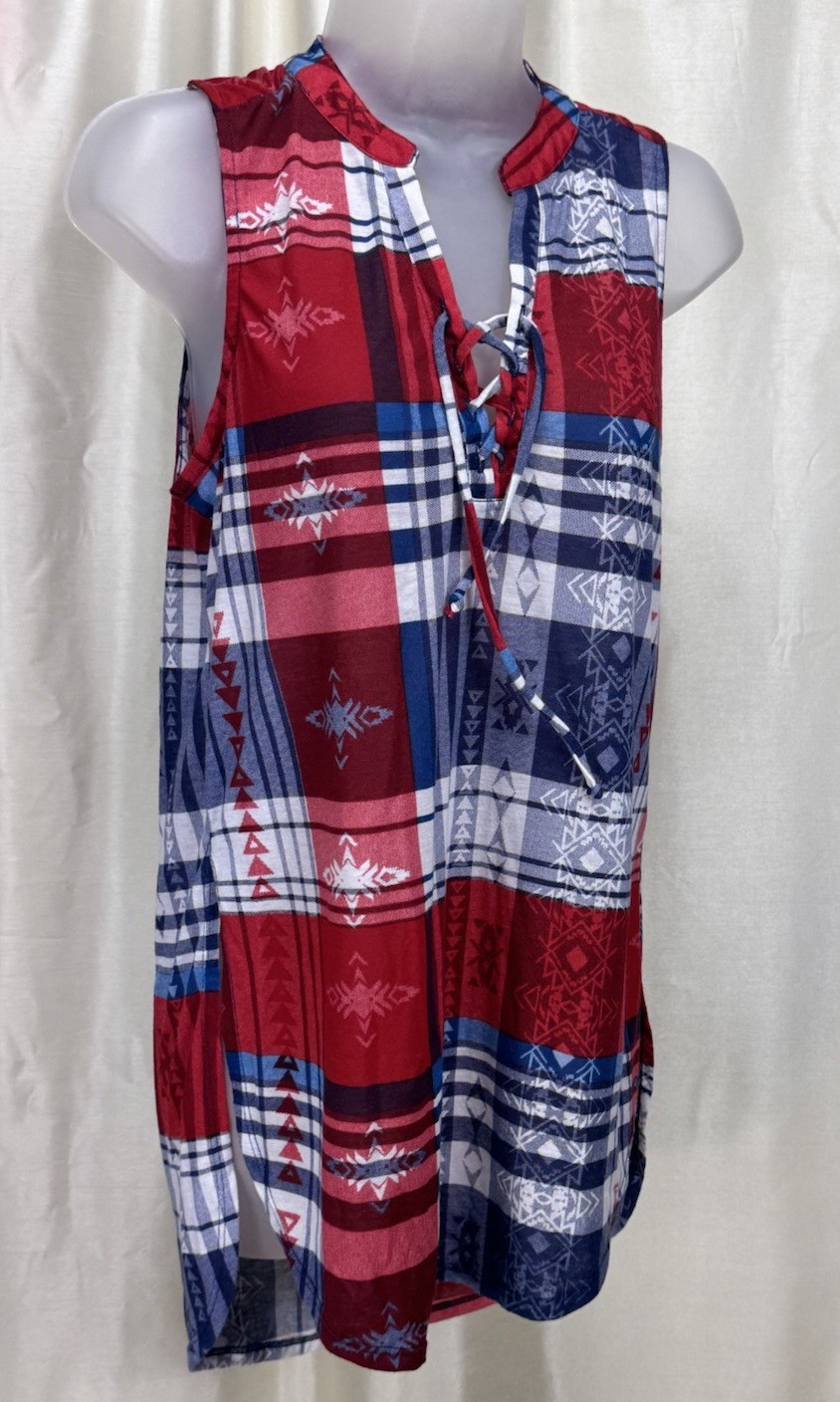 Almost Famous Blouse Womens Medium Plaid Sleeveless Lace Up Red & Blue Button
