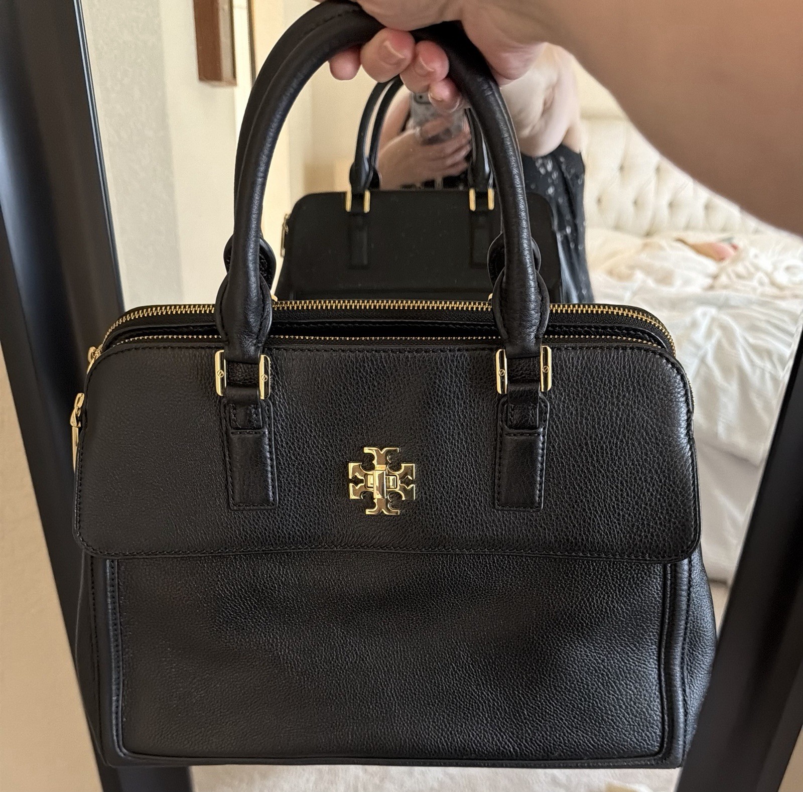 Tory Burch Black Leather Mercer Dome Satchel Tote Bag
