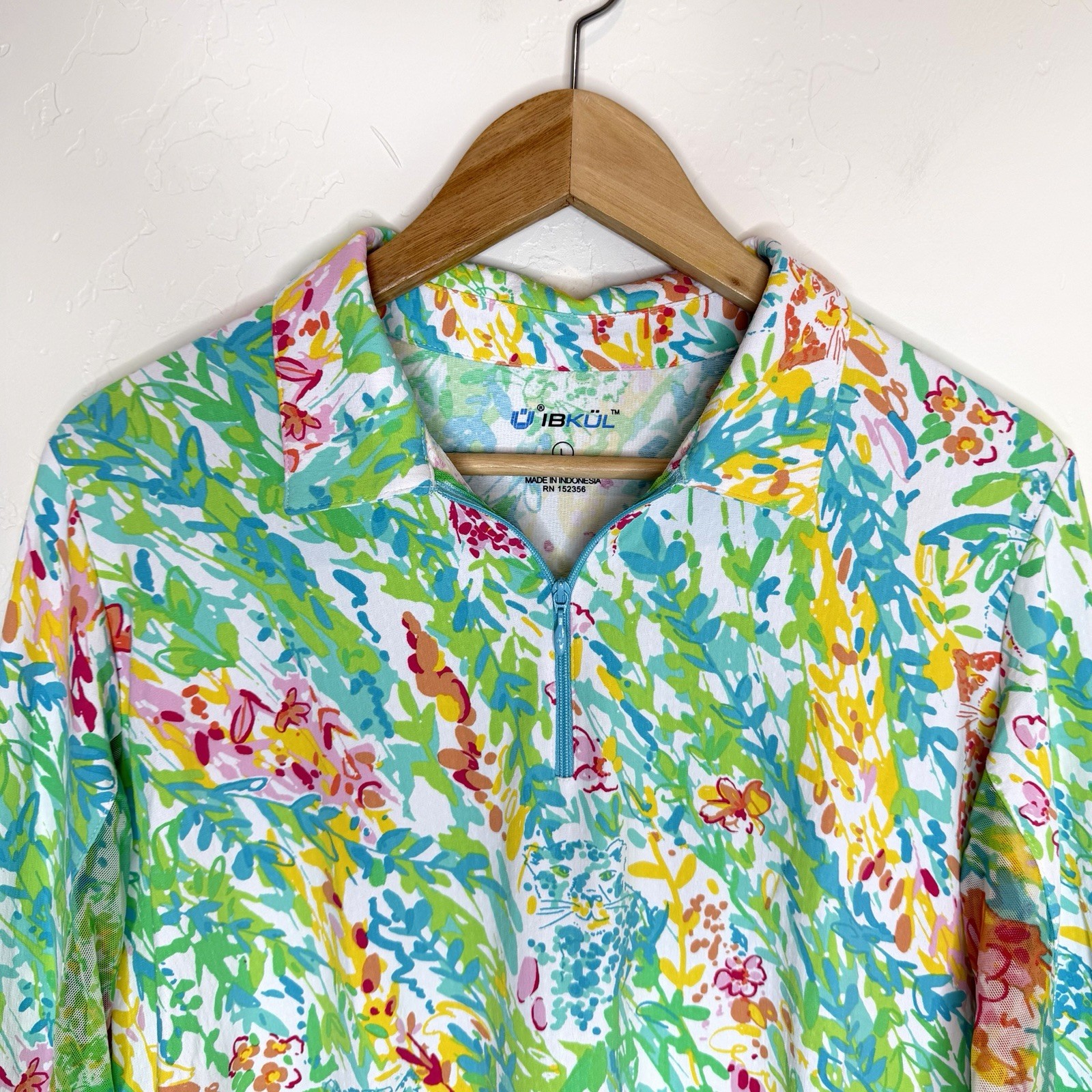 Ibkul Quarter Zip Performance Top Womens Large Tiger Multi Print Long Sleeve