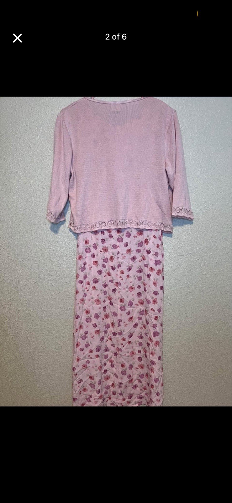 Rabbit Rabbit Designs Pink Floral Maxi Dress L V-Neck Knit Lace Layered Cardigan