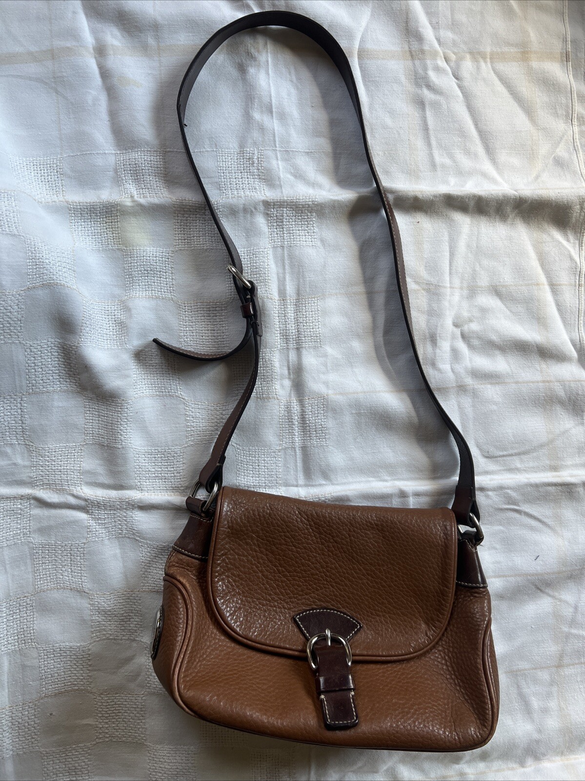 Dooney & Bourke 2 Tone Browns saddle slim flap bag pebble All-Weather Leather G+