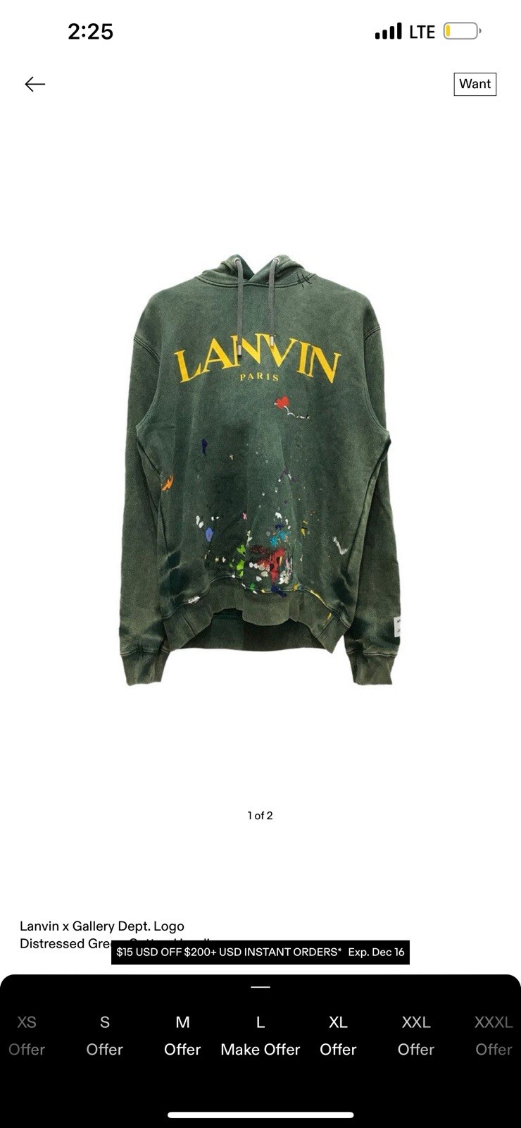 LANVIN x Gallery Dept. Paint Splatter Hoodie Green SS21 Worn Effect Pullover