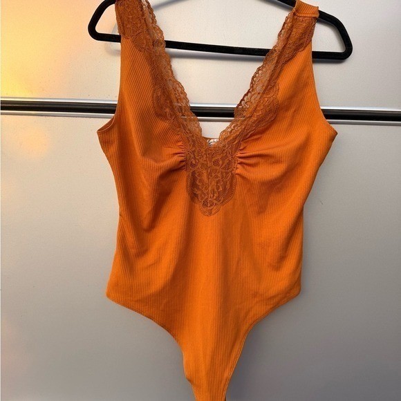 Free People Orange Lace Trim Deep V Neck Ribbed Bodysuit Women’s