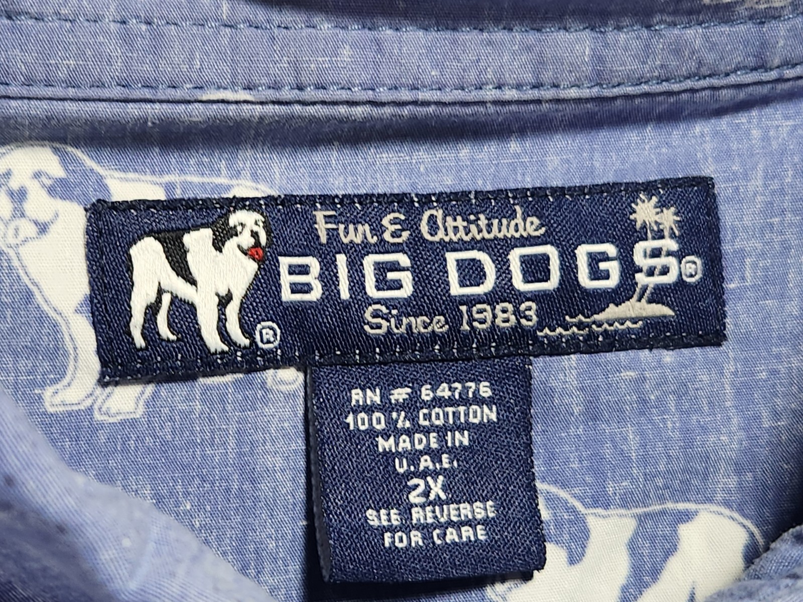 Big Dogs Button Down Shirt 2X Blue Short Sleeve All Over Dog Print Fun Attitude
