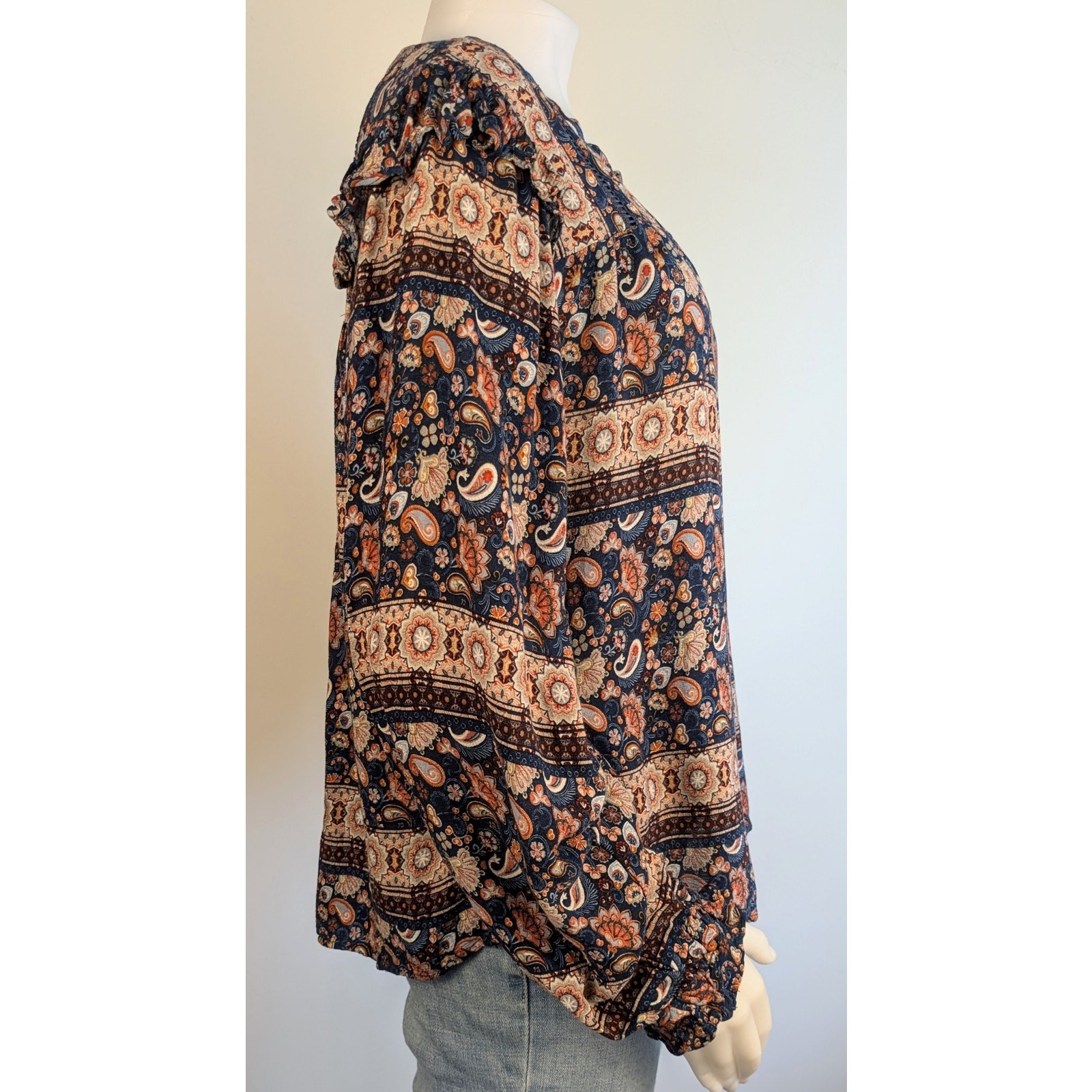 Wonderly Boho Top Large Brown Blue Paisley Stripe Gold Split Neck Flowy Peasant