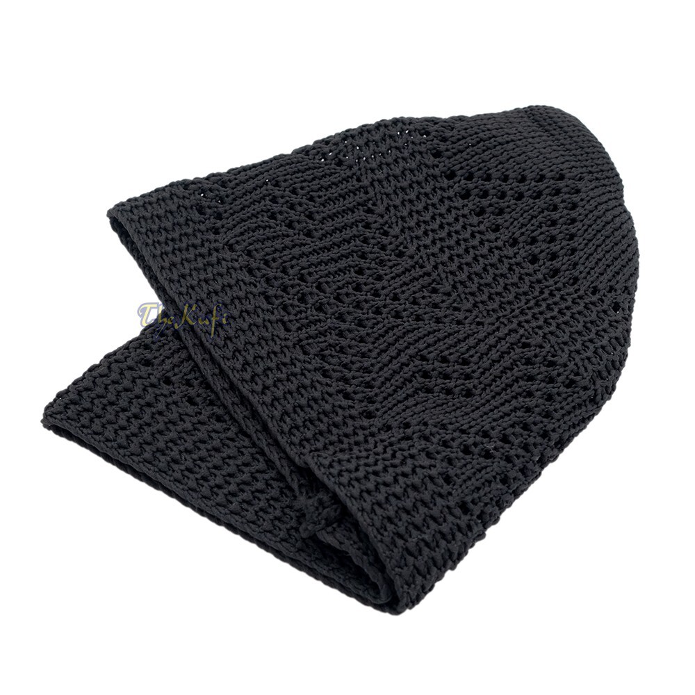 Black Nylon Kufi Skull Cap – Soft Breathable Hat with Open-Weave Diamond Pattern
