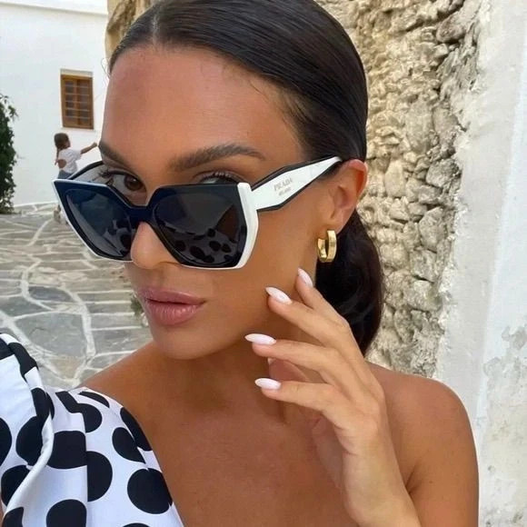Prada PR 15WS Oversize Square Sunglasses Women Black White Frame UV400 Authentic