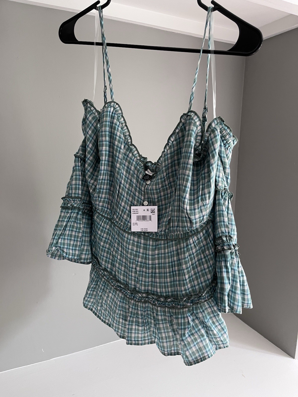 American Eagle Green Plaid Ruffle Square Neck Puff Long Sleeve Blouse XXL