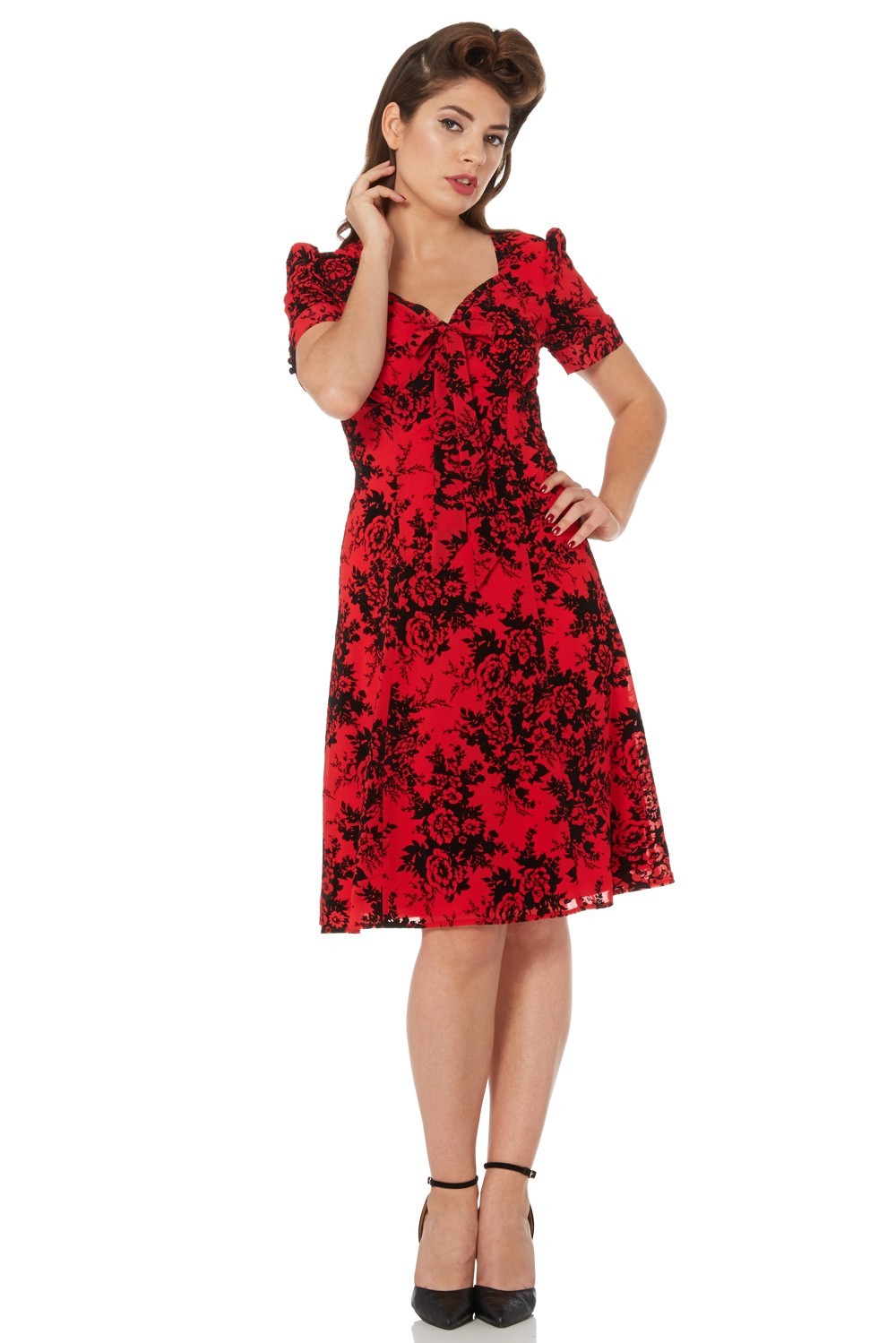 VOODOO VIXEN RETRO PIN UP 50s BRITANNY FLOCKED CHIFFON RED ROSE DRESS DRA8091