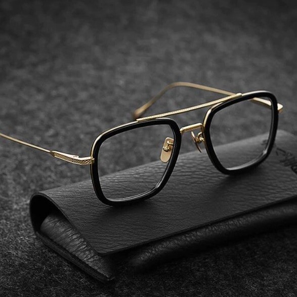 Square Glasses Men’s Black Gold Frame Clear Lens Eyeglasses Retro Style Trendy
