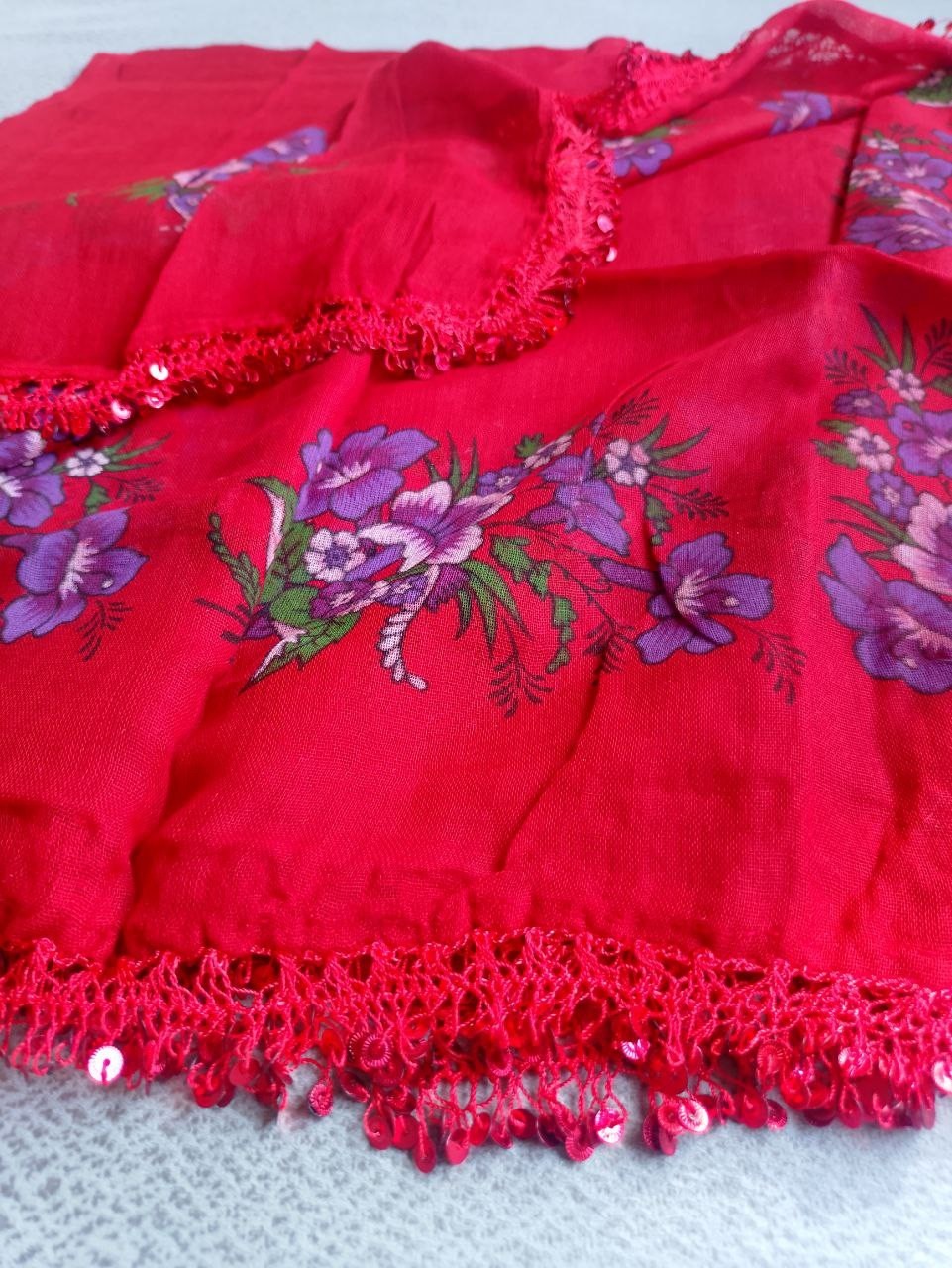 Red Floral Scarf with Sequin Trim