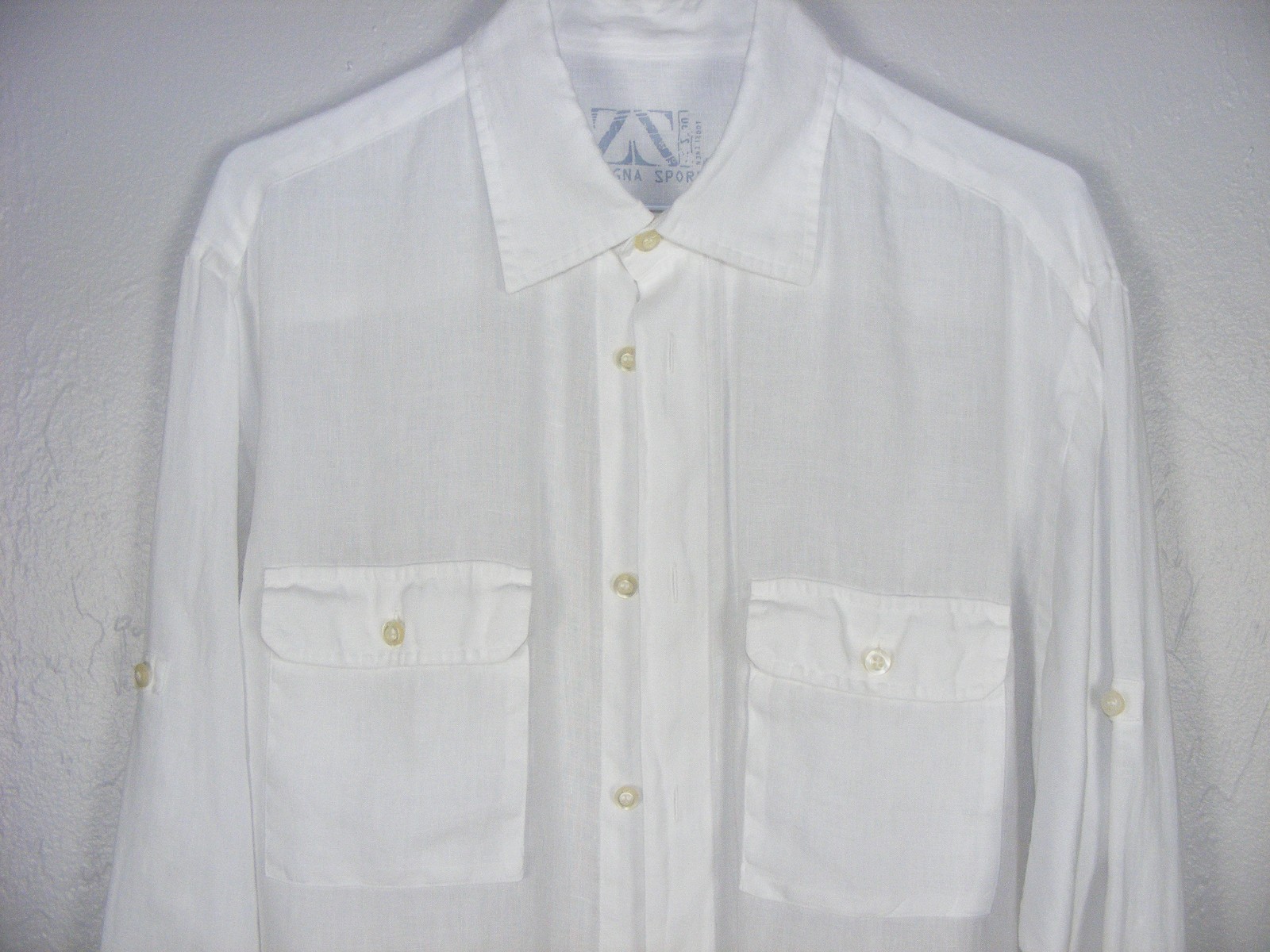 MENS SZ L ERMENEGILDO ZEGNA SPORT 100% LINEN WHITE ROLL UP BUTTON SLEEVE SHIRT L