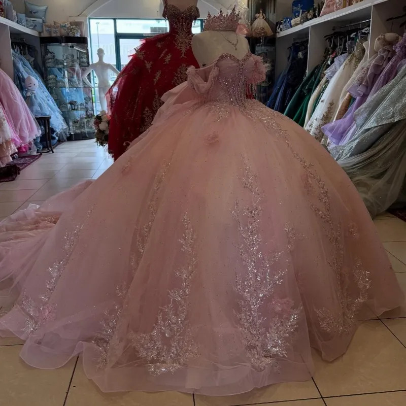 Pink Shiny Quinceanera Dress with Off Shoulder Applique Bow Chiffon Ball Gown
