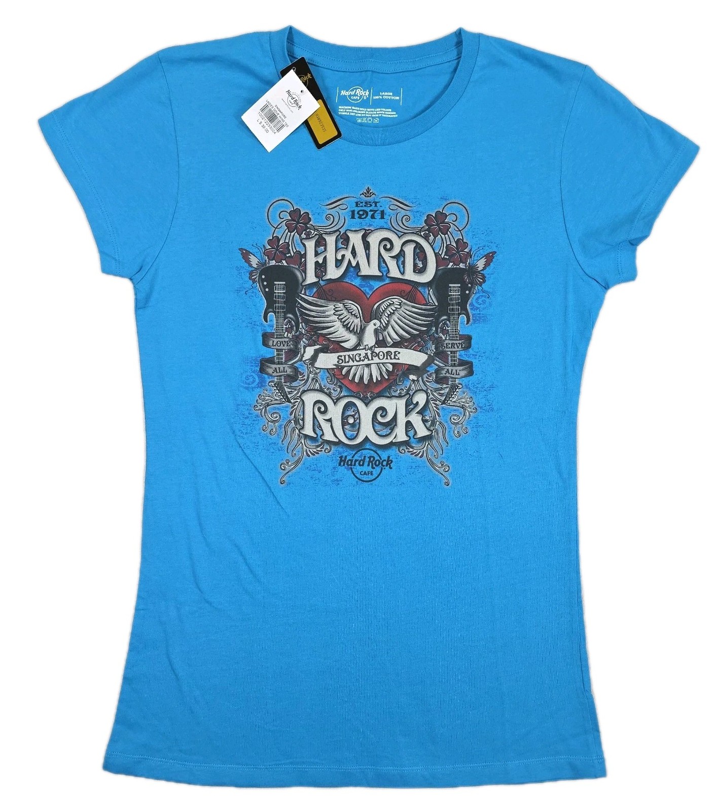 Hard Rock Cafe Singapore Shirt Womens Large Blue Dove Wing Logo Spellout NWT