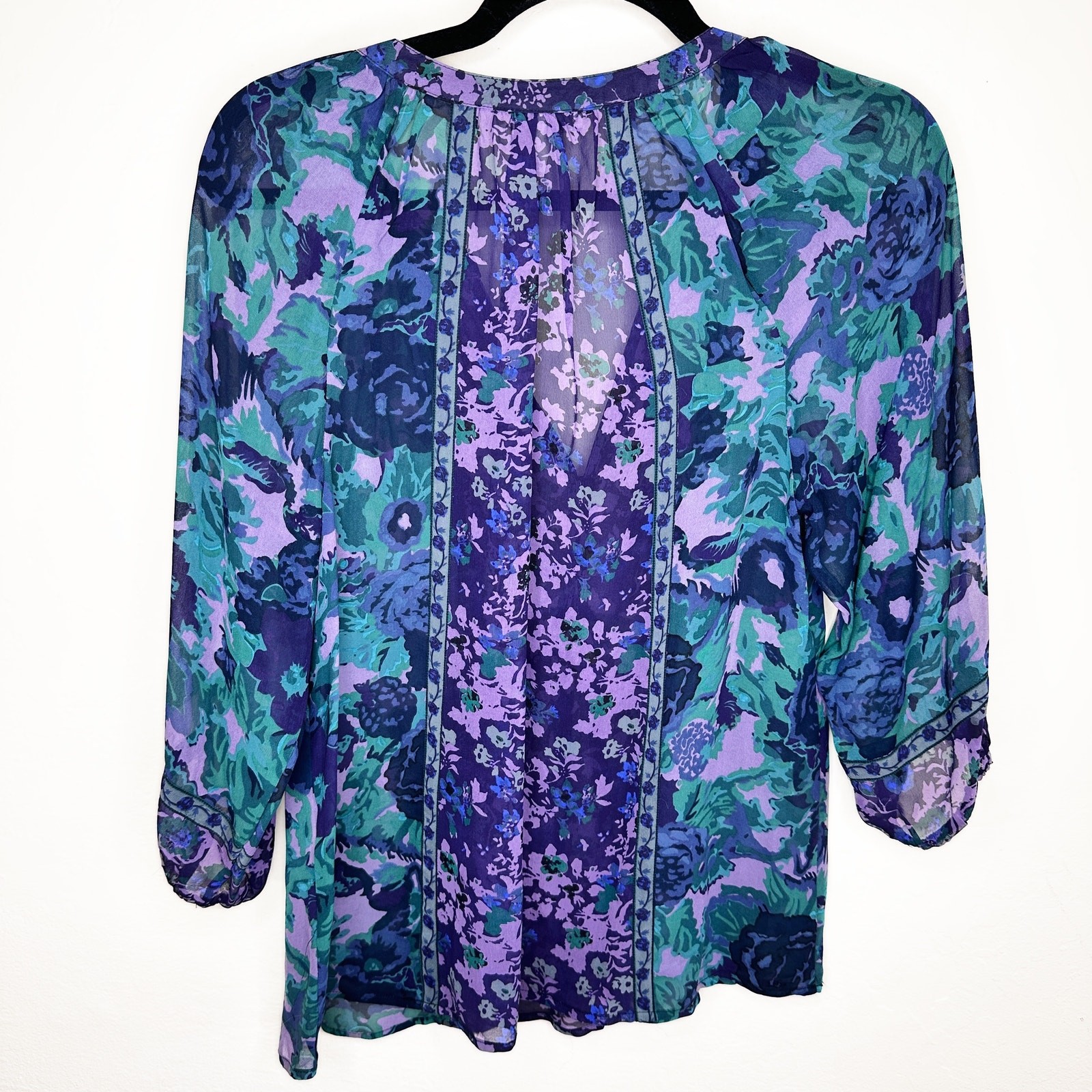 NWOT Joie Gloria Silk Sheer Blue Green Purple Floral Puff Sleeve Blouse Top XS