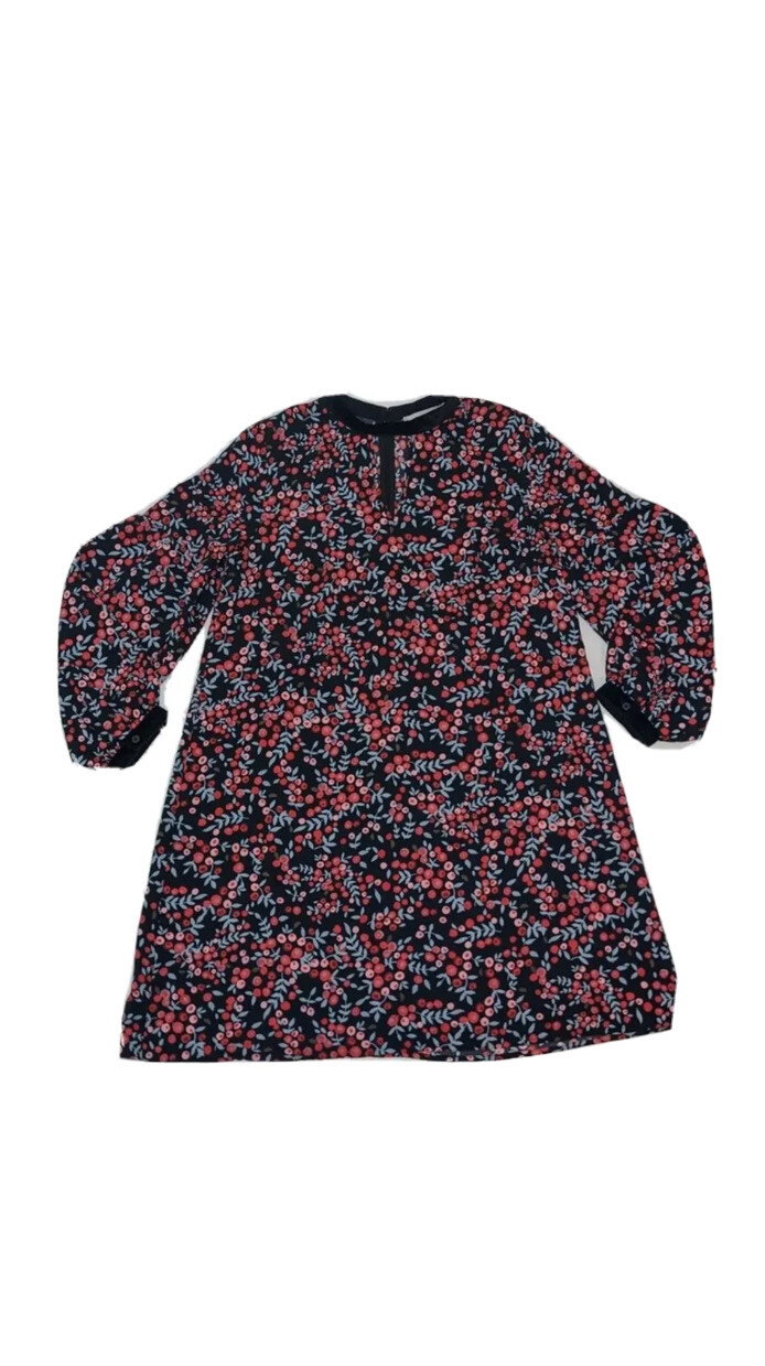 Loft Red Black Floral Cherry Berry Velvet Trim Long Sleeve Keyhole Dress Size L