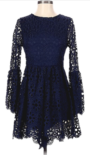 NWTS, Free Generation Lace Dress Romper, Lined, Bell Sleeves, Navy Blue Sz M