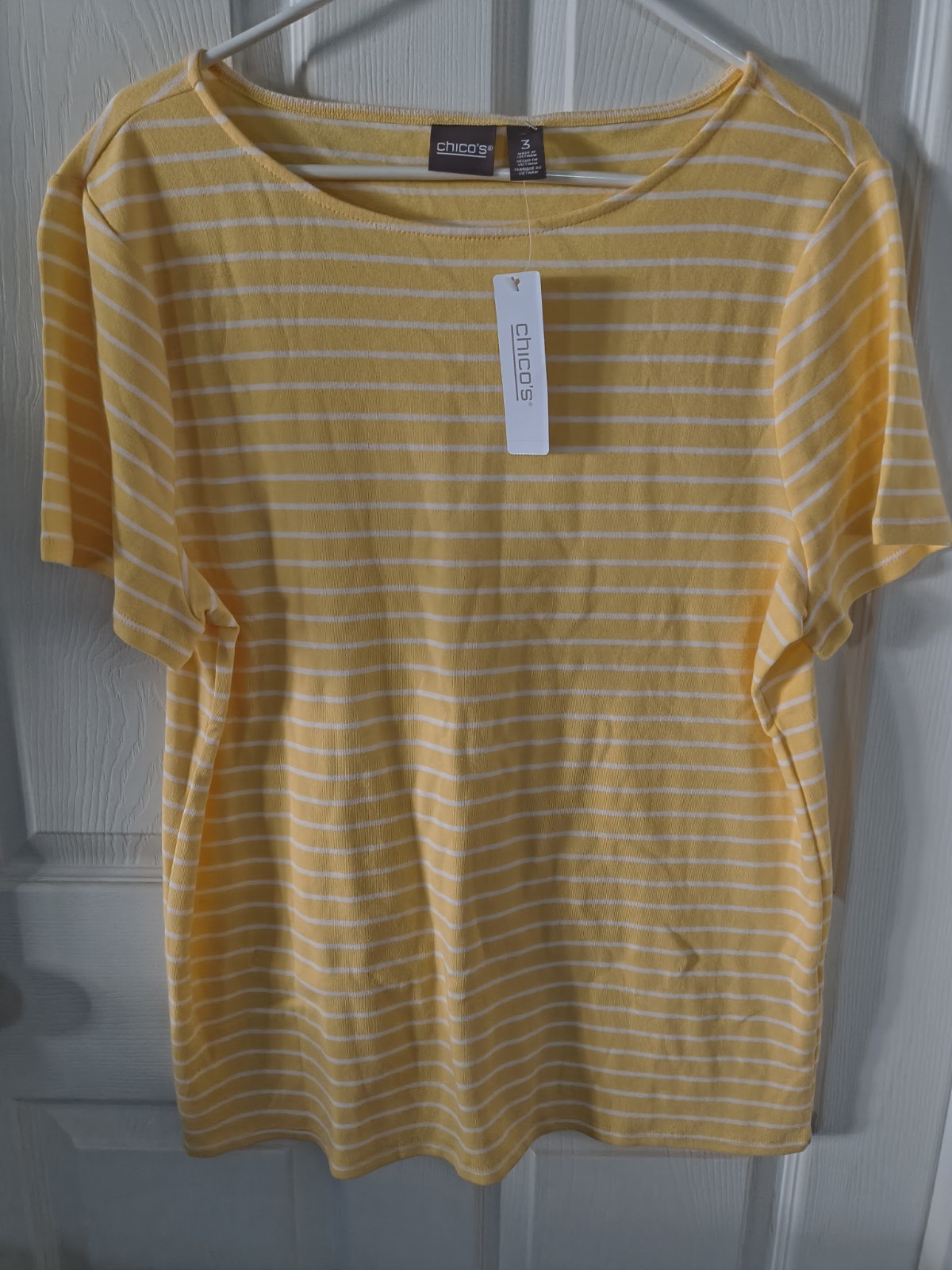 Chico’s NWT Top Size 3 P2P 22 LENGTH 28 Short Sleeve Boat Neck Yellow