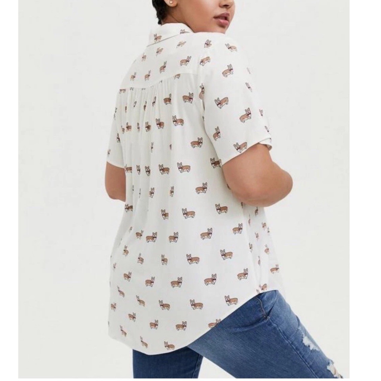 Torrid White Challis Corgi Button Up Blouse Top Shirt Short Sleeve Size 5X