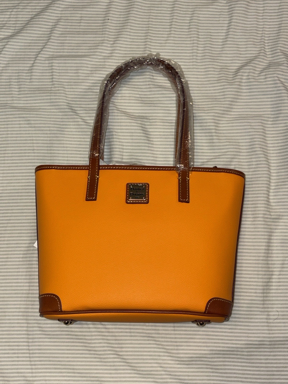 Dooney & Bourke Small Tote Purse Orange/Brown Pebbled Silver Hardware Logo