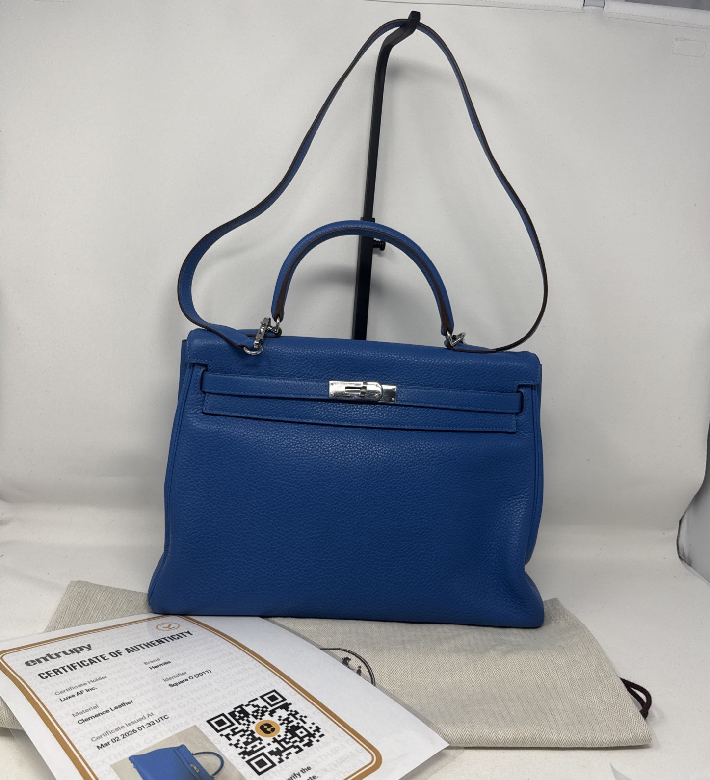 HERMES Kelly 35 Blue Zanzibar Togo Leather 2011 COA