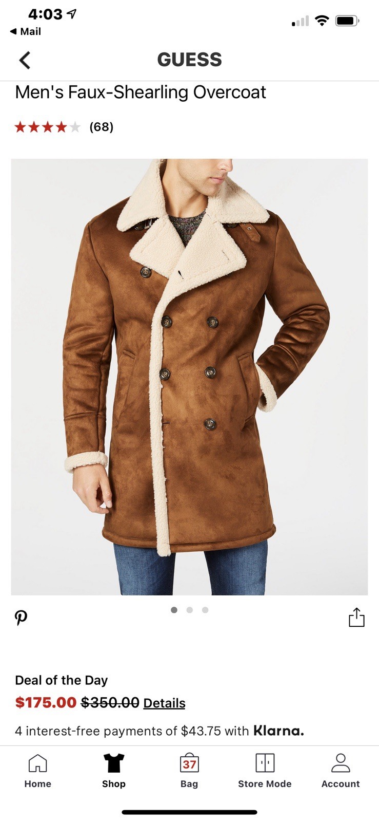 GUESS Men’s Brown/Beige Long Solid Overcoat Button Closure Spread Collar