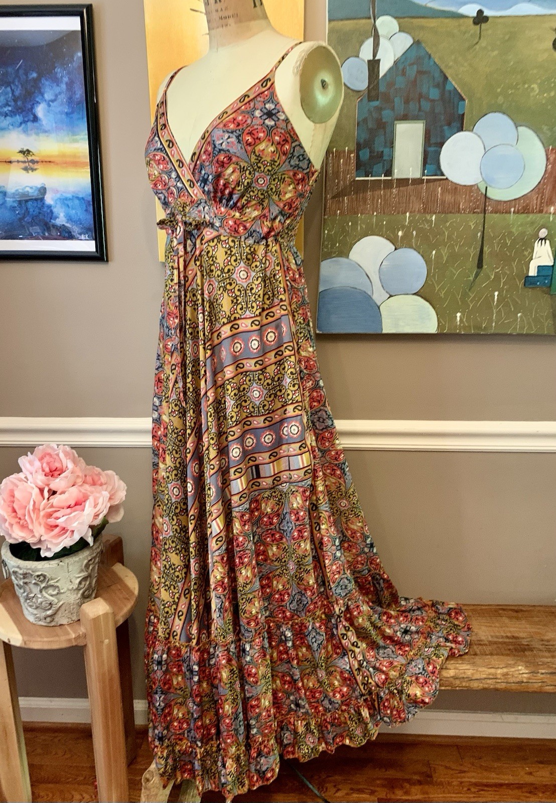 Boho Patchwork Maxi Dress Earth Tone Ruffle Festival Medium Soft Fabric