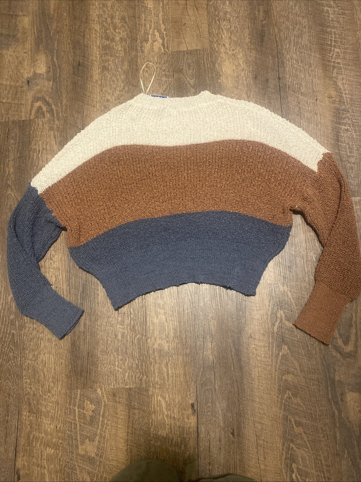 NWT Debut Women’s Crochet Slouchy Sweater Large Ivory Brown Blue Knit Pullover