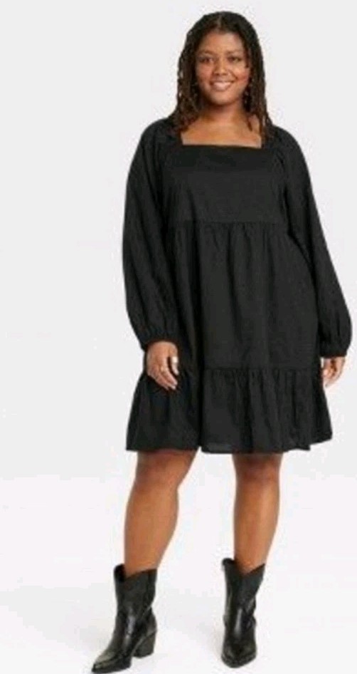 NWT Universal Threads Black Ruffle Embroidered Babydoll Milkmaid Boho Dress MED