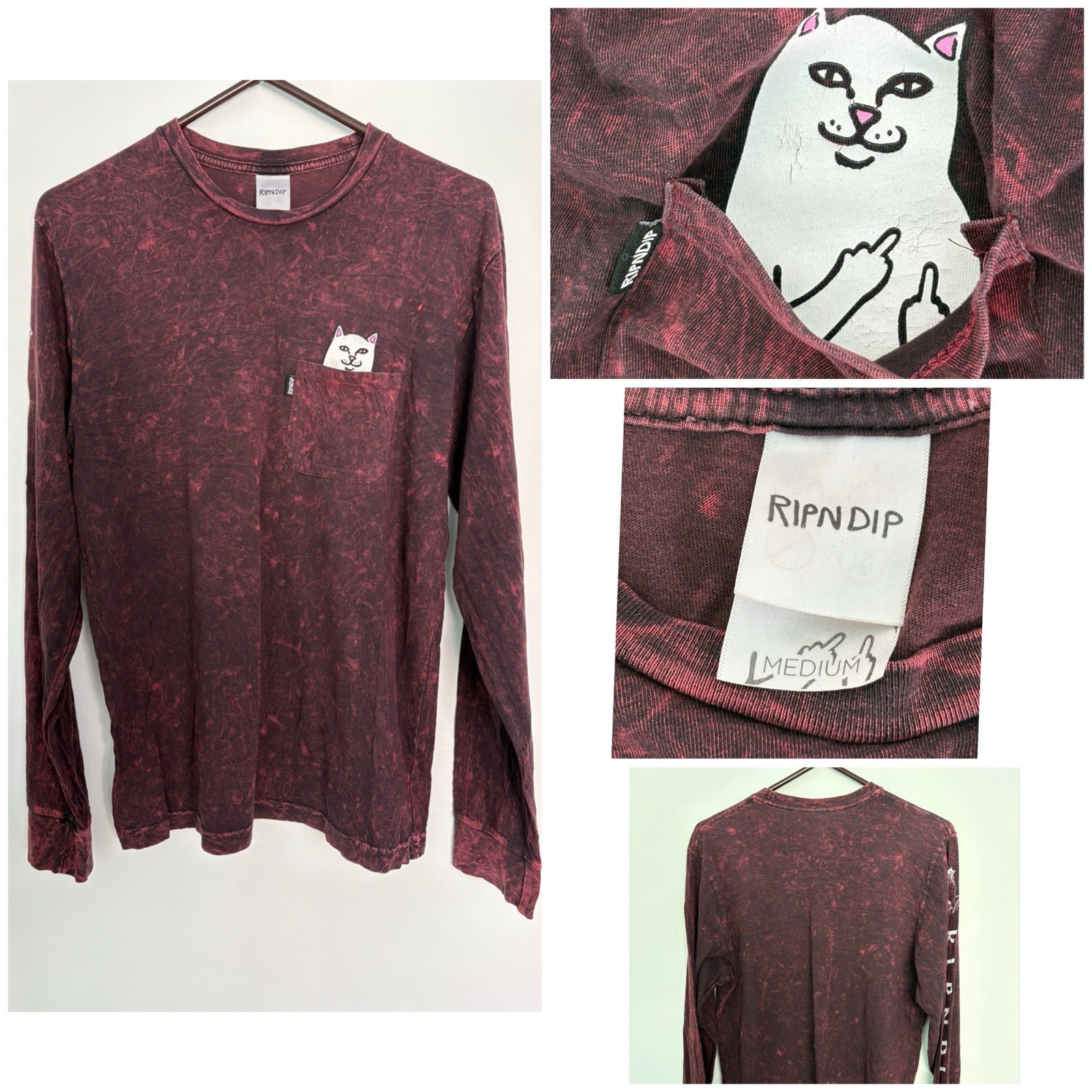 RIPNDIP Lord Nermal Shirt Men Pocket Tee Burgundy Forest Wash Long Sleeve Size M