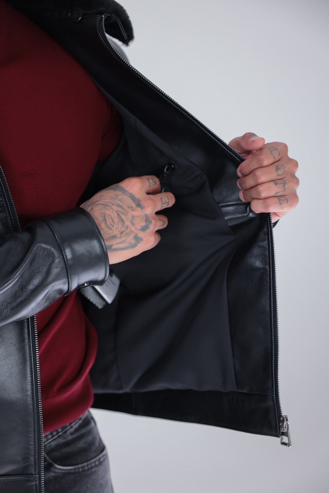 Men’s Genuine Leather Jacket Black Fur Collar Zip Moto Biker Coat 26″ – 65cm