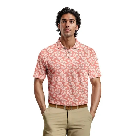 Ben Hogan Men’s Performance Golf Polo Shirt Flamingo Plume Print Size S