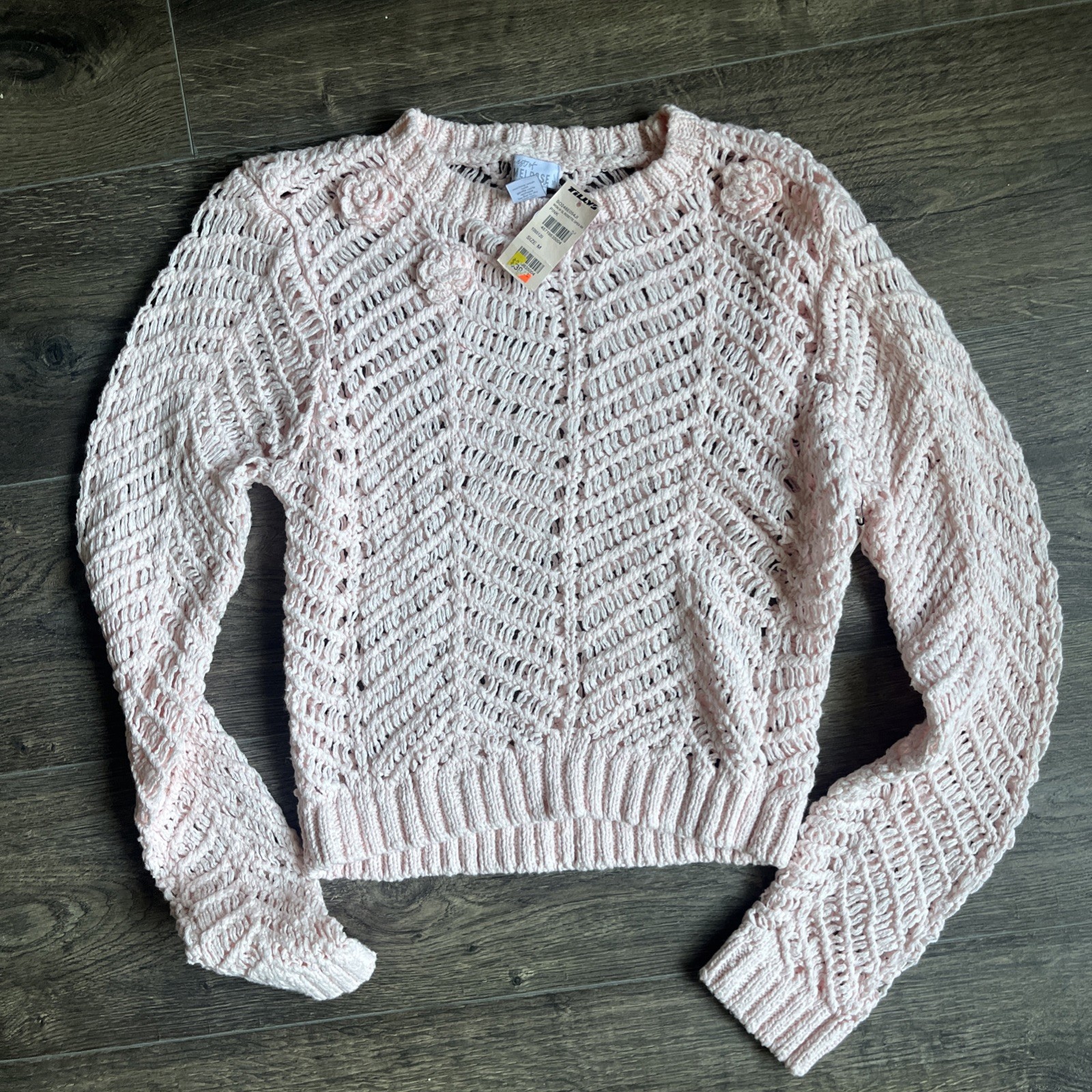 West of Melrose Rosette Open Knit Pink Sweater Women’s Size Medium New. NWT E017