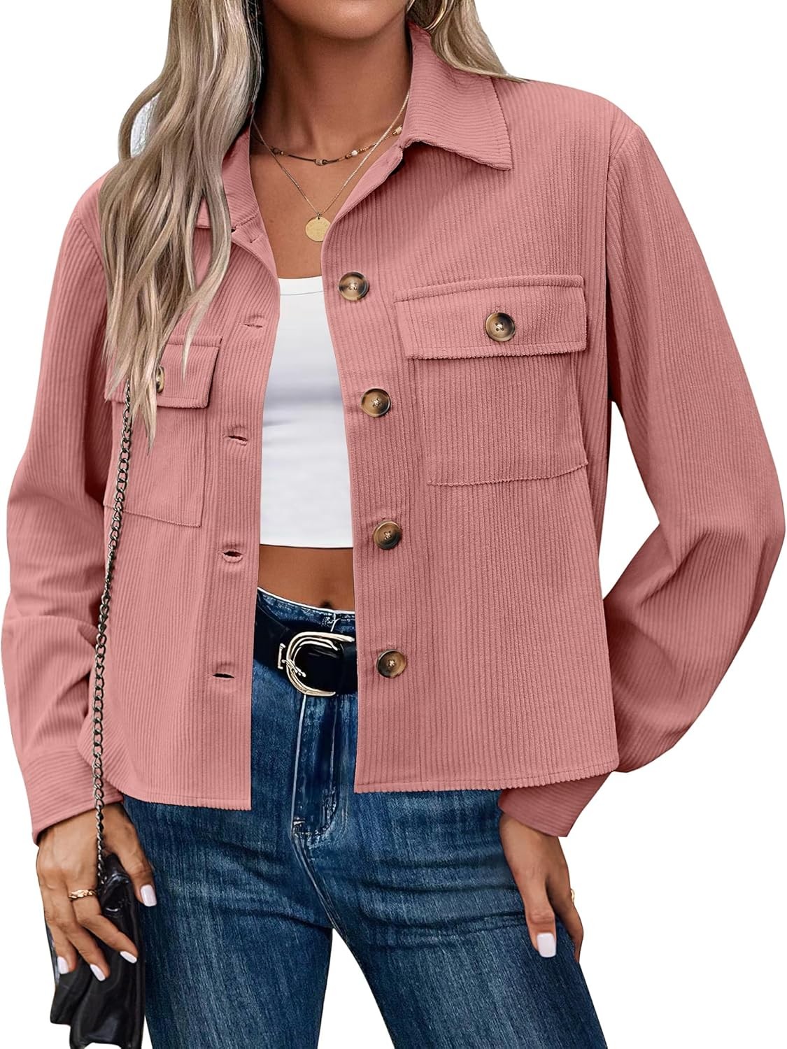 Women Cropped Corduroy Shackets Button Down Jackets Tops Fall long Sleeve Shirt