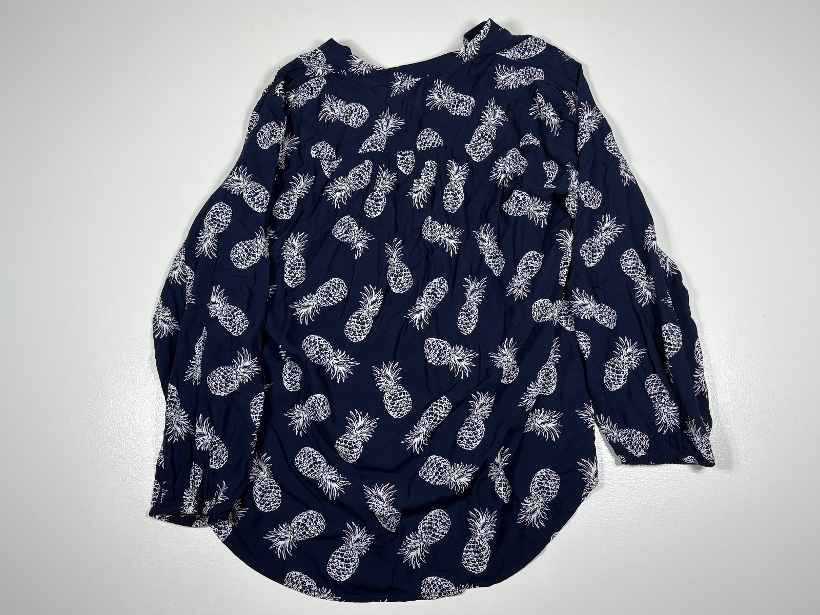 LOFT Blouse Women Small Navy Pineapple Print Rayon Resort Coastal Ladder Lace